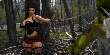 Картинка 3д+графика фантазия+ fantasy девушка существо катана взгляд лес