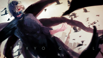 Картинка аниме tokyo+ghoul красные глаза птицы город kaneki ken