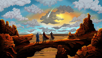 Картинка рисованные живопись облака люди небо скалы пустыня пейзаж