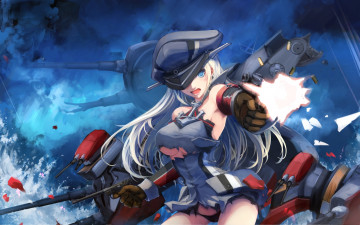 Картинка аниме kantai+collection арт злость кепка девушка выстрелы техника гильзы оружие