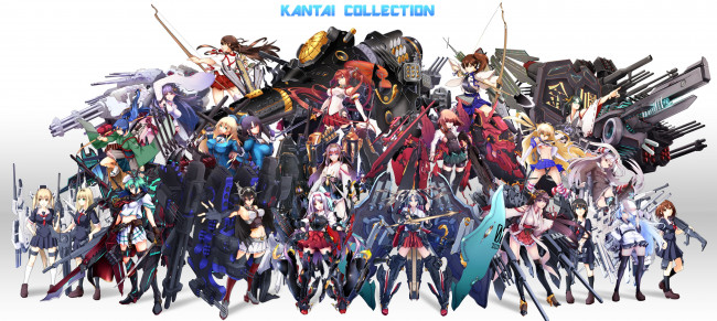 Обои картинки фото kantai collection, аниме, девушки, персонажи, оружие, белый, фон