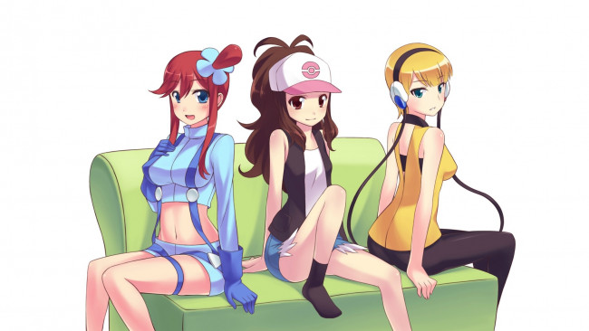 Обои картинки фото аниме, pokemon, девушки, покемон, арт, трио, белый, фон