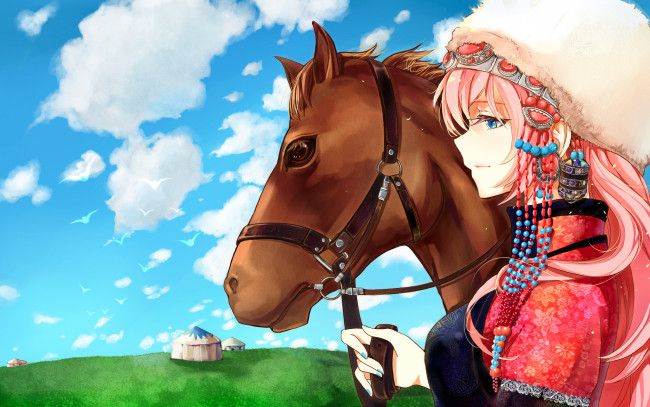 Обои картинки фото аниме, vocaloid, профиль, небо, украшения, девушка, арт, лошадь, megurine, luka