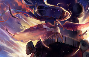 Картинка аниме vocaloid sishenfan арт hatsune miku перья крылья микрофон девушка облака небо