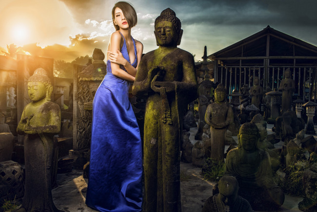 Обои картинки фото девушки, -unsort , азиатки, девушка, статуи, платье, азиатка