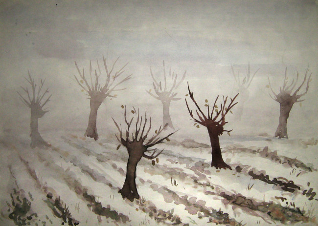 Обои картинки фото рисованное, живопись, туман, сад, деревья