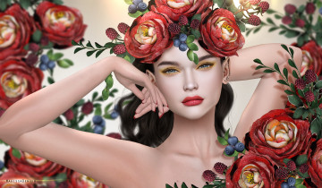 Картинка 3д+графика портрет+ portraits ягоды цветы венок девушка