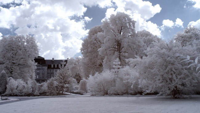 Обои картинки фото природа, зима, дом, облака, деревья, иней, снег