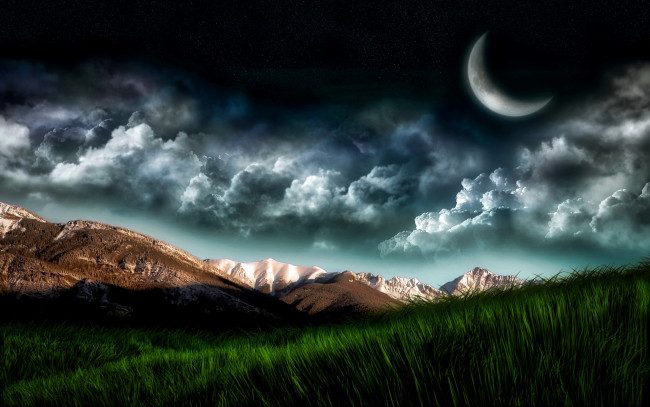 Обои картинки фото природа, горы, облака, луна