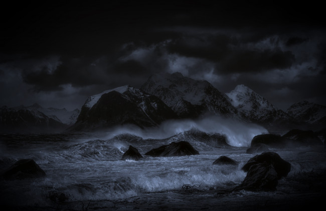 Обои картинки фото природа, побережье, море, камни, ночь