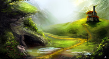 Картинка рисованное природа горы дом тропинка зелень