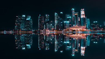 обоя города, сингапур , сингапур, merlion, park, building, ночь, отражение, город