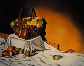 обоя рисованные, еда, яблоко, груша, банан, корзина