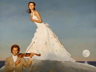 обоя рисованные, люди, скрипка, скрипач, платье