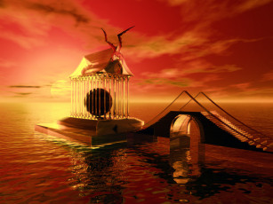 Картинка 3д графика fantasy фантазия море закат дракон мост