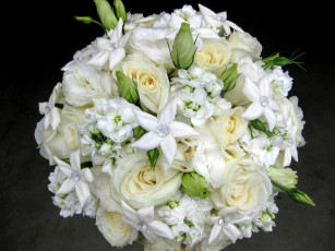 Картинка цветы букеты композиции розы стефанотис камешки белый