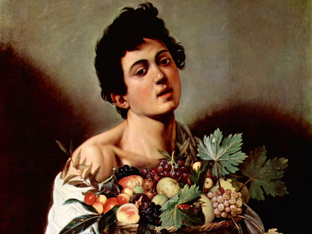 Обои картинки фото boy, with, fruit, basket, by, caravaggio, рисованные, фрукты, корзина, мальчик