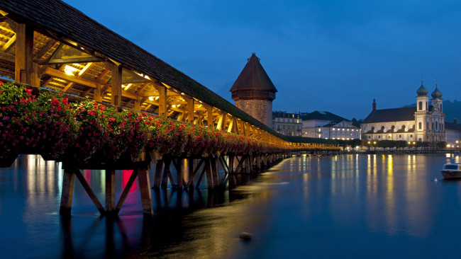 Обои картинки фото chapel, bridge, luzern, switzerland, города, мосты