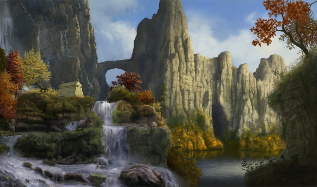 Обои картинки фото фэнтези, пейзажи, осень, саркофаг, скалы, горы, водопад, деревья, арка, пейзаж