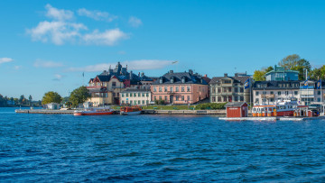 Картинка швеция стокгольм vaxholm города река набережная дома
