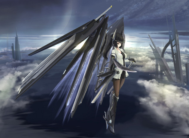 Обои картинки фото by, kikivi, аниме, weapon, blood, technology, киборг, девушка, меч, облака, небо, оружие, крылья