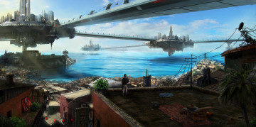 Картинка фэнтези иные+миры +иные+времена будущее мегаполис мужчина трущобы море