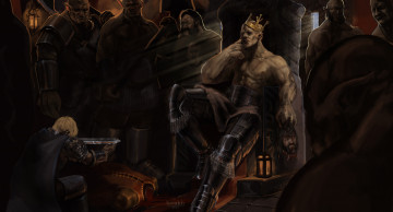 Картинка фэнтези люди меч доспехи голова корона парень огры труп новый король трон birakh арт