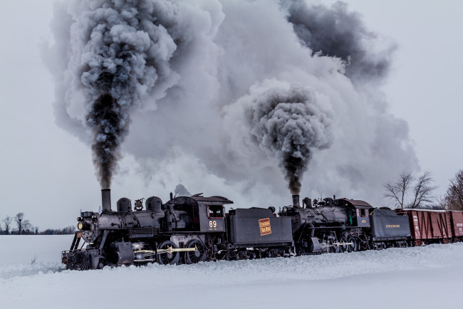 Обои картинки фото техника, паровозы, зима, природа, вагоны, дым