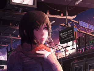 Картинка аниме город +улицы +здания фон поезд взгляд девушка