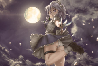 Картинка аниме touhou облака небо ножи девочка луна ночь арт novcel izayoi sakuya