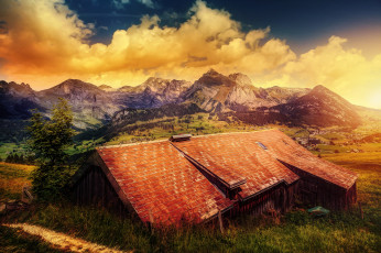 Картинка природа горы пейзаж облака дом крыша