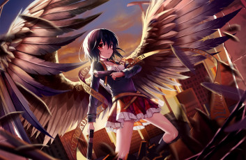обоя аниме, ангелы,  демоны, kin, toki, лента, крылья, оружие, пистолеты, ангел, девушка, арт