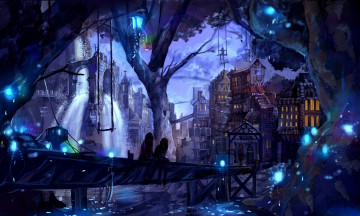 Картинка аниме город +улицы +здания водопад небо облака девушки арт tamago yanagi деревья огни вечер дома