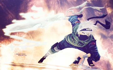Картинка аниме naruto меч ninja стойка sensei пламя белое бинты бандана hatake kakashi