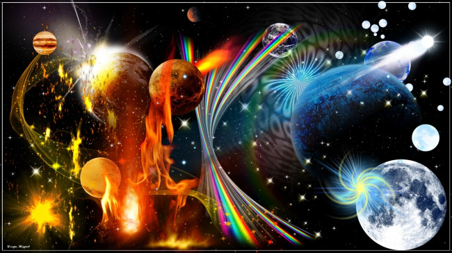 Обои картинки фото 3д графика, абстракция , abstract, огонь, планеты, космос, вселенная