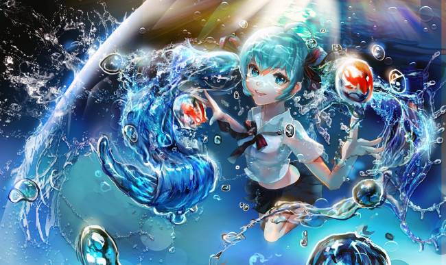 Обои картинки фото аниме, vocaloid, miku, hatsune, вода, музыка, арт, девочка, капли