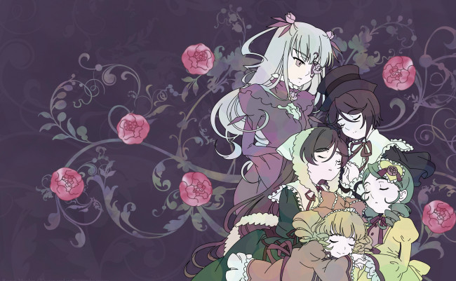 Обои картинки фото аниме, rozen maiden, красные, розы, suiseiseki, hinaichigo, rozen, maiden, сон, kirakishou, узор, souseiseki, kanaria