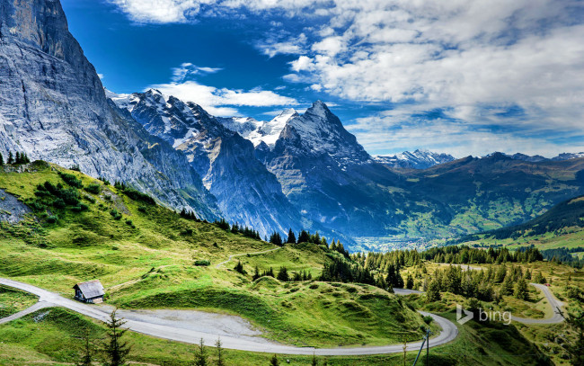 Обои картинки фото природа, горы, перевал, дорога, дом, швейцария, эйгер
