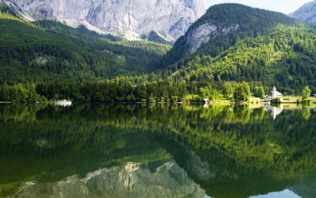 Обои картинки фото природа, реки, озера, лес, австрия, отражение, горы, скалы, деревья, озеро, gruner