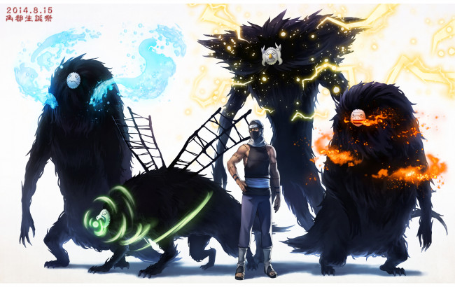 Обои картинки фото аниме, naruto, молния, воздух, вода, огонь, монстры, kakuzu, элементы, маски