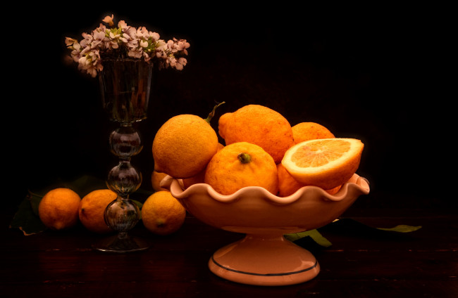 Обои картинки фото еда, цитрусы, ваза, апельсины