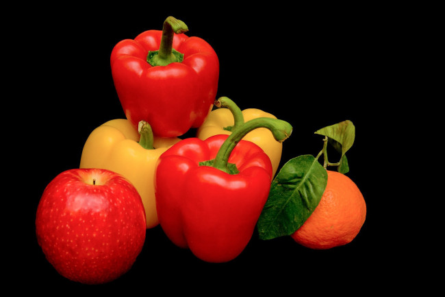 Обои картинки фото еда, фрукты и овощи вместе, апельсин, яблоко, перчики