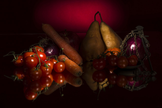 Обои картинки фото еда, фрукты и овощи вместе, груши, морковка, томаты, лук