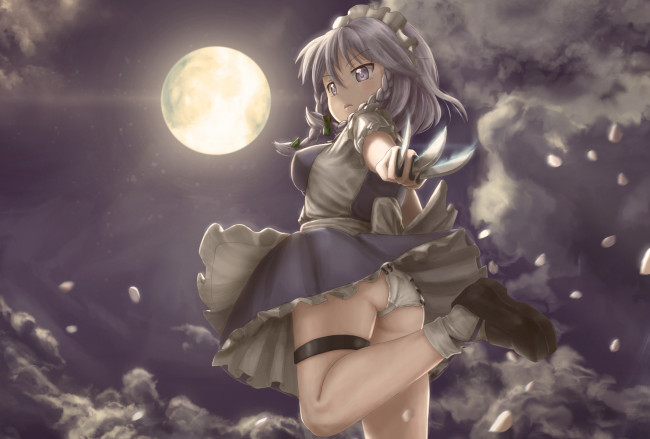 Обои картинки фото аниме, touhou, облака, небо, ножи, девочка, луна, ночь, арт, novcel, izayoi, sakuya