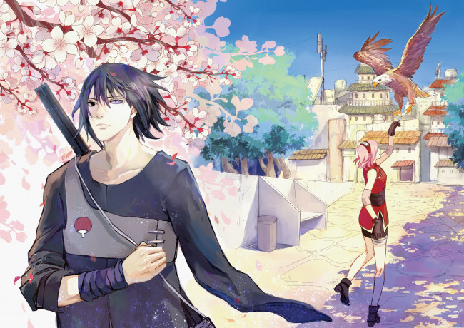 Обои картинки фото аниме, naruto, птица, орел, цветение, haruno, sakura, sasuke, uchuha, art