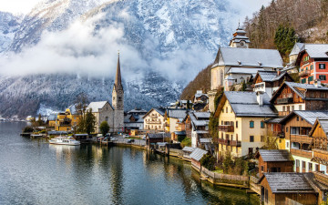 Картинка города гальштат+ австрия теплоход дома озеро горы