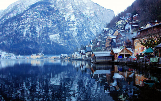 Обои картинки фото города, гальштат , австрия, дома, озеро, горы