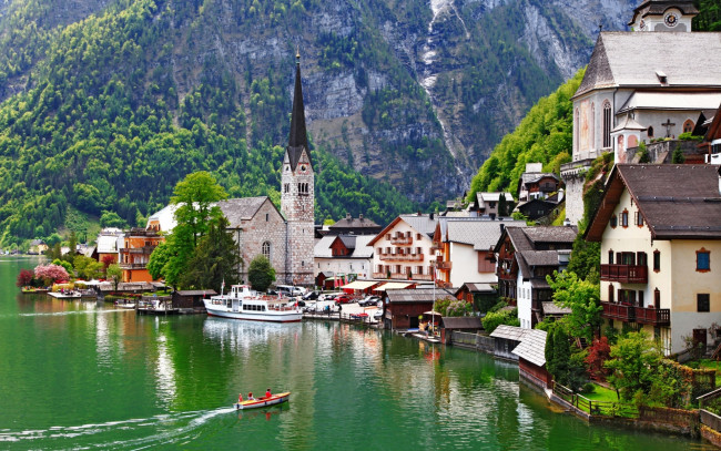 Обои картинки фото города, гальштат , австрия, озеро, лето, дома, горы, лодка