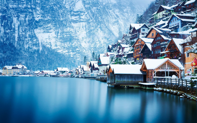 Обои картинки фото города, гальштат , австрия, снег, зима, дома, озеро, горы
