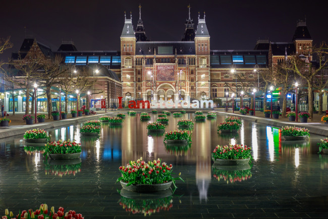 Обои картинки фото amsterdam, города, амстердам , нидерланды, огни, канал, ночь